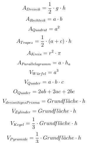 Formeln für Flächeninhalt und Volumen von Dreieck, Rechteck, Quadrat, Trapez, Kreis, Parallelogramm, Würfel, Quader, Prisma, Zylinder, Kegel und Pyramide
