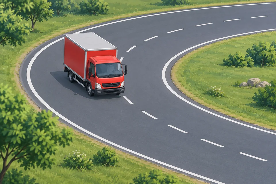 Lastwagen auf einer ebenen, deutlich gekrümmten Straße.
